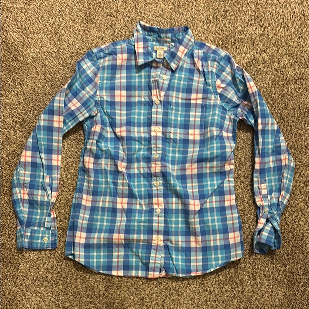 LL Bean Blue Plaid Button-Up Shirt XS EUC